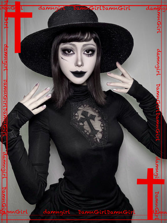 Dark Gothic Cross Hollow Micro Transparent High Neck Knitted Shirt