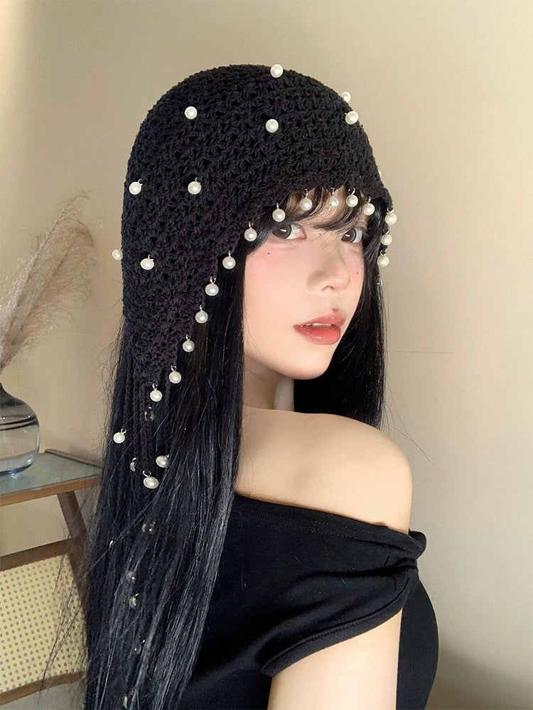 Hollow pearl tassel pendant headband cap
