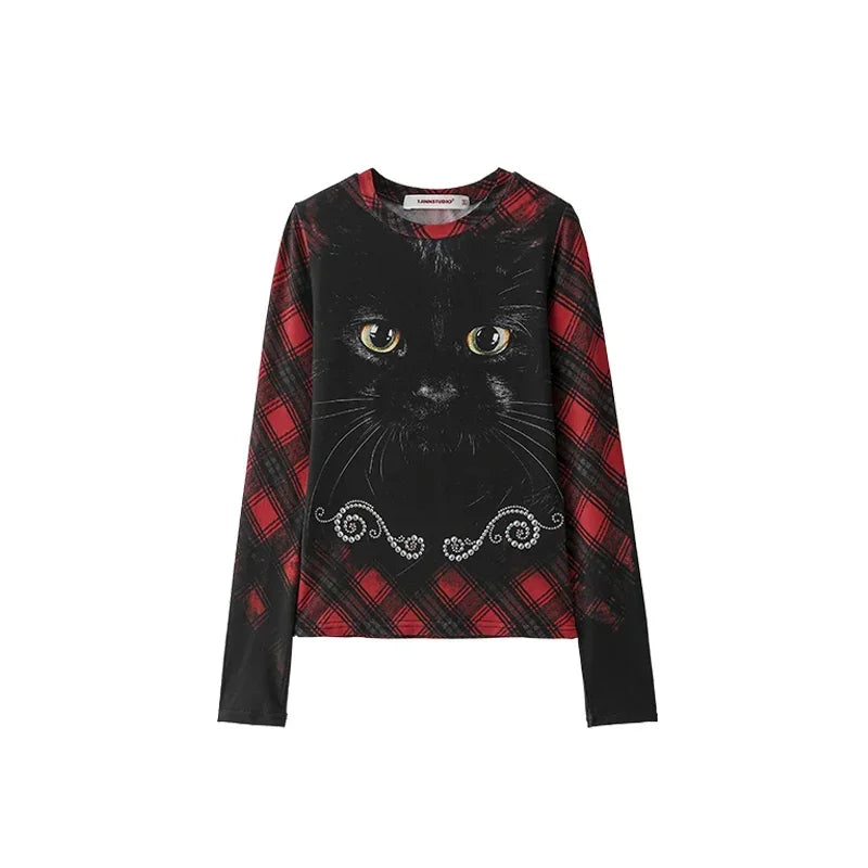Leopard print cat print crew neck long-sleeved top
