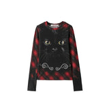 Leopard print cat print crew neck long-sleeved top