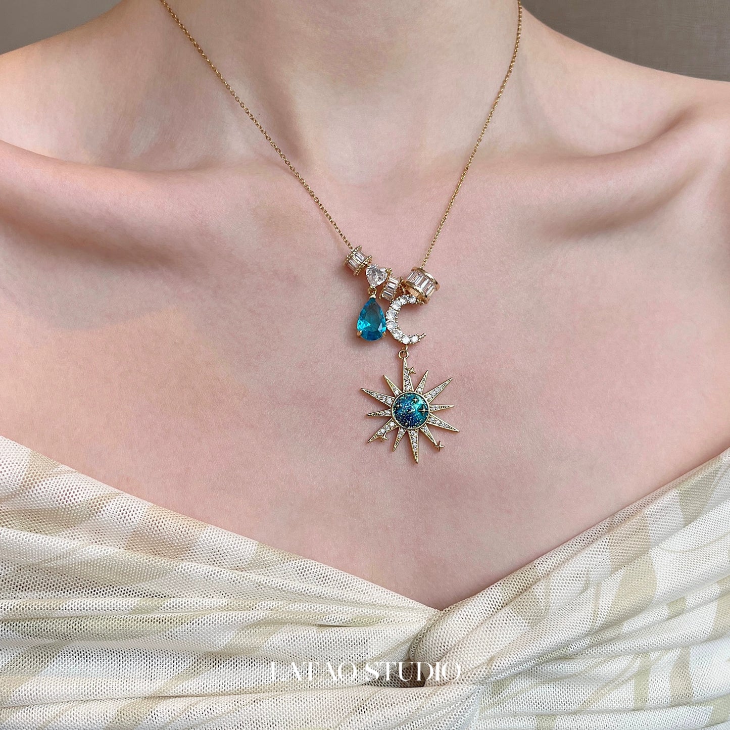 Sora Blue Sun Moon Zircon Necklace