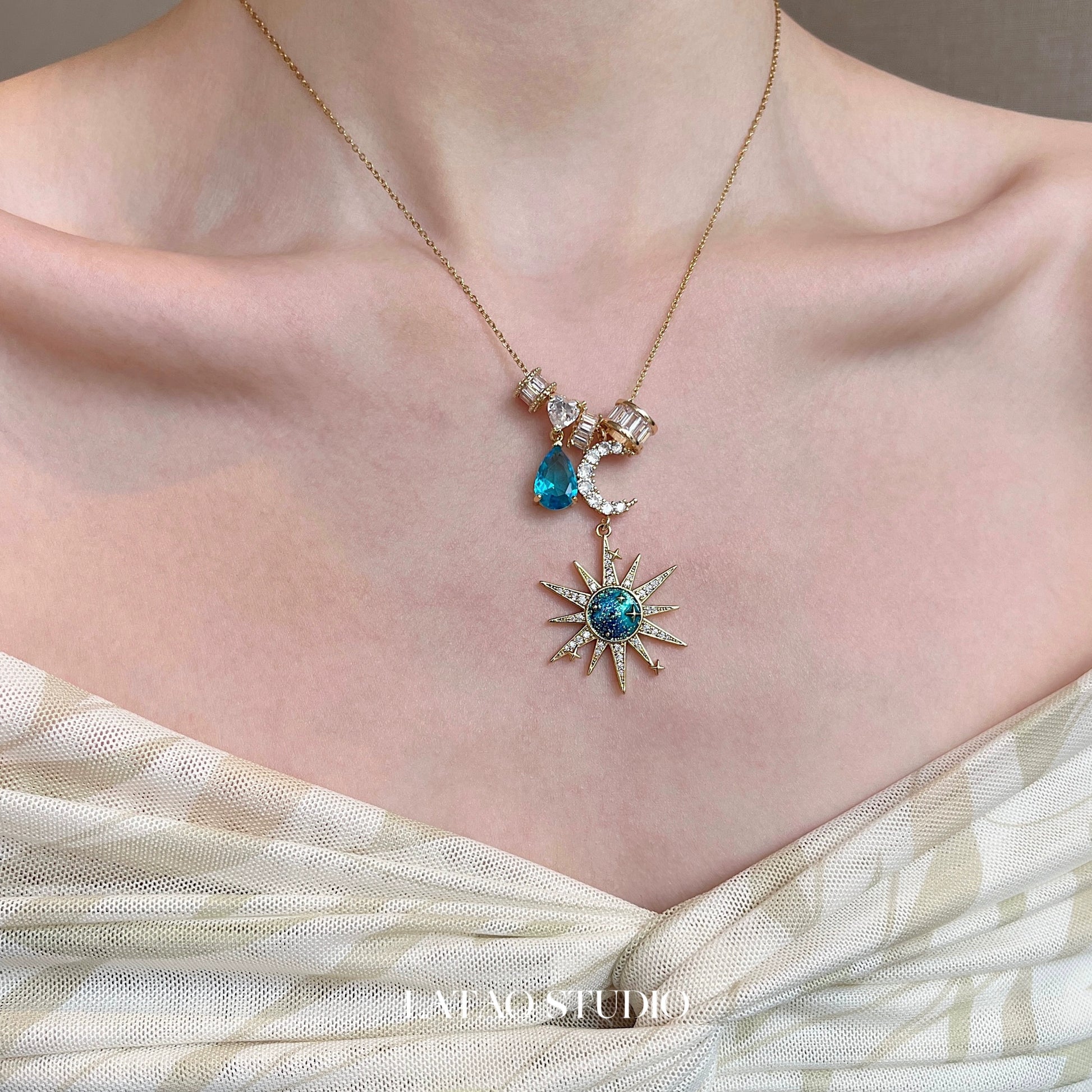 Sora Blue Sun Moon Zircon Necklace