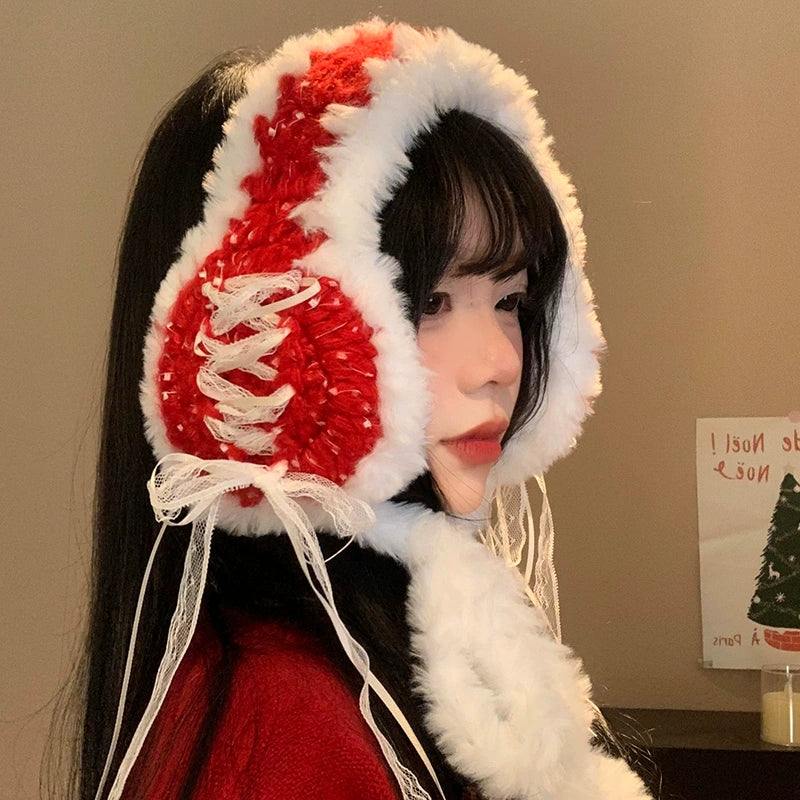 Red lace bow knitted earmuffs