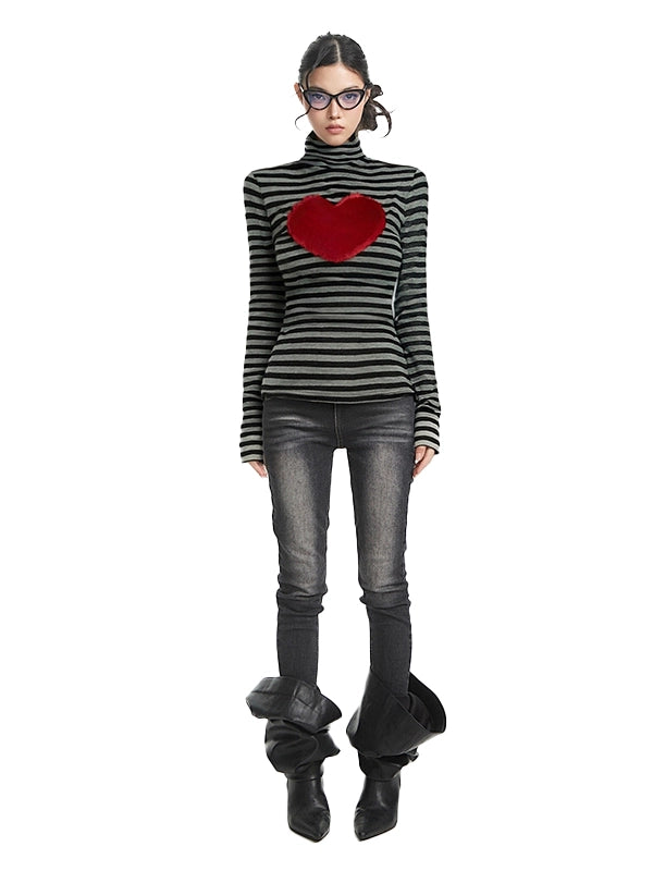 High neck polka dot heart-shaped long sleeved Top