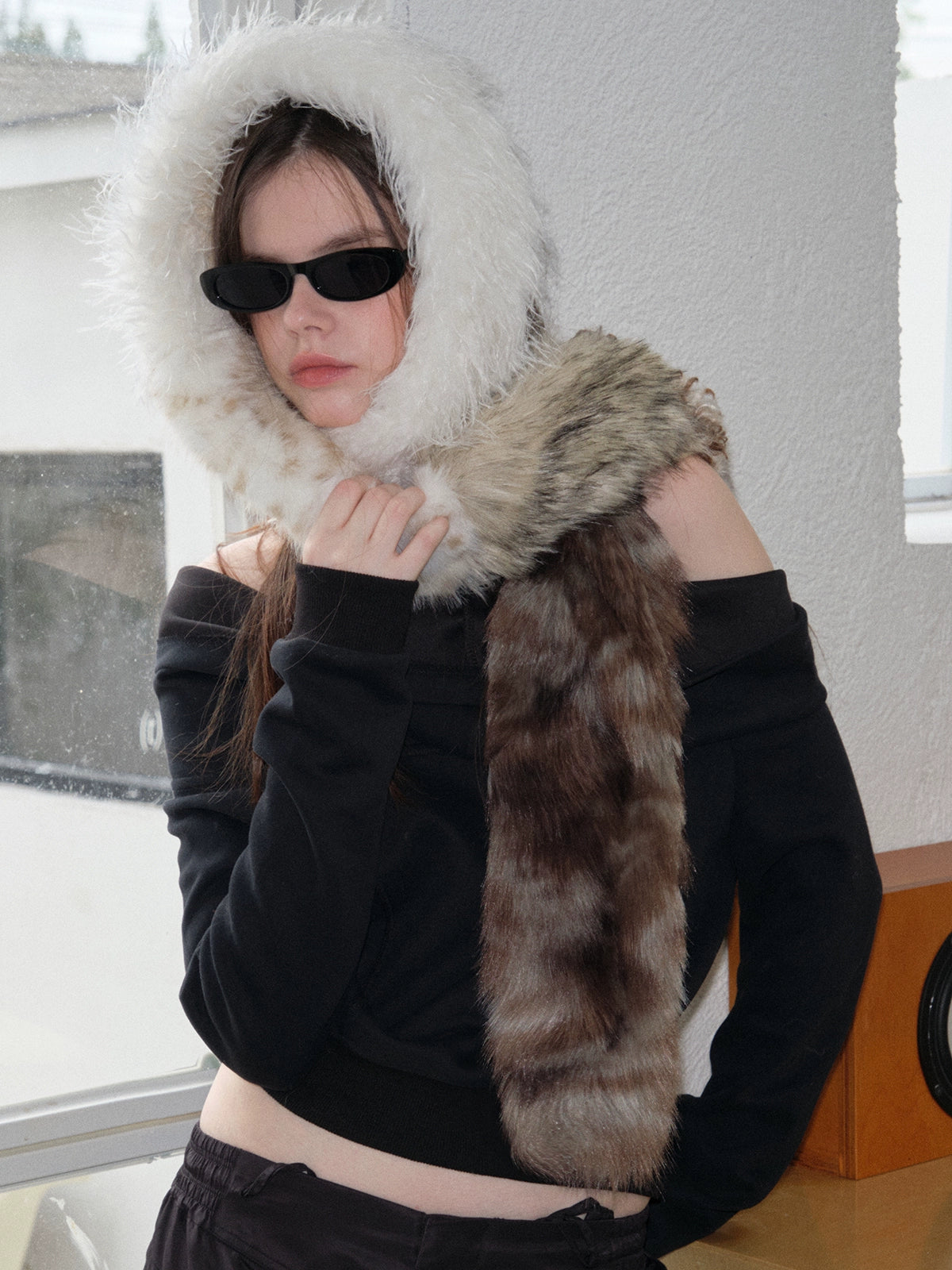Imitation fur patchwork scarf leopard print