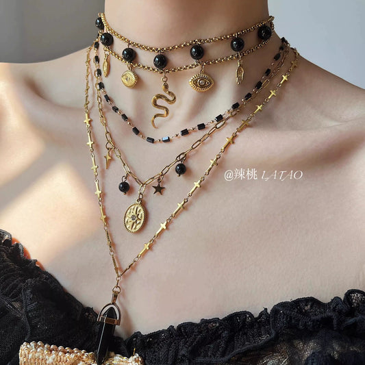 Midnight Sniper Black Gold Medusa Snake Titanium Steel Agate Necklace