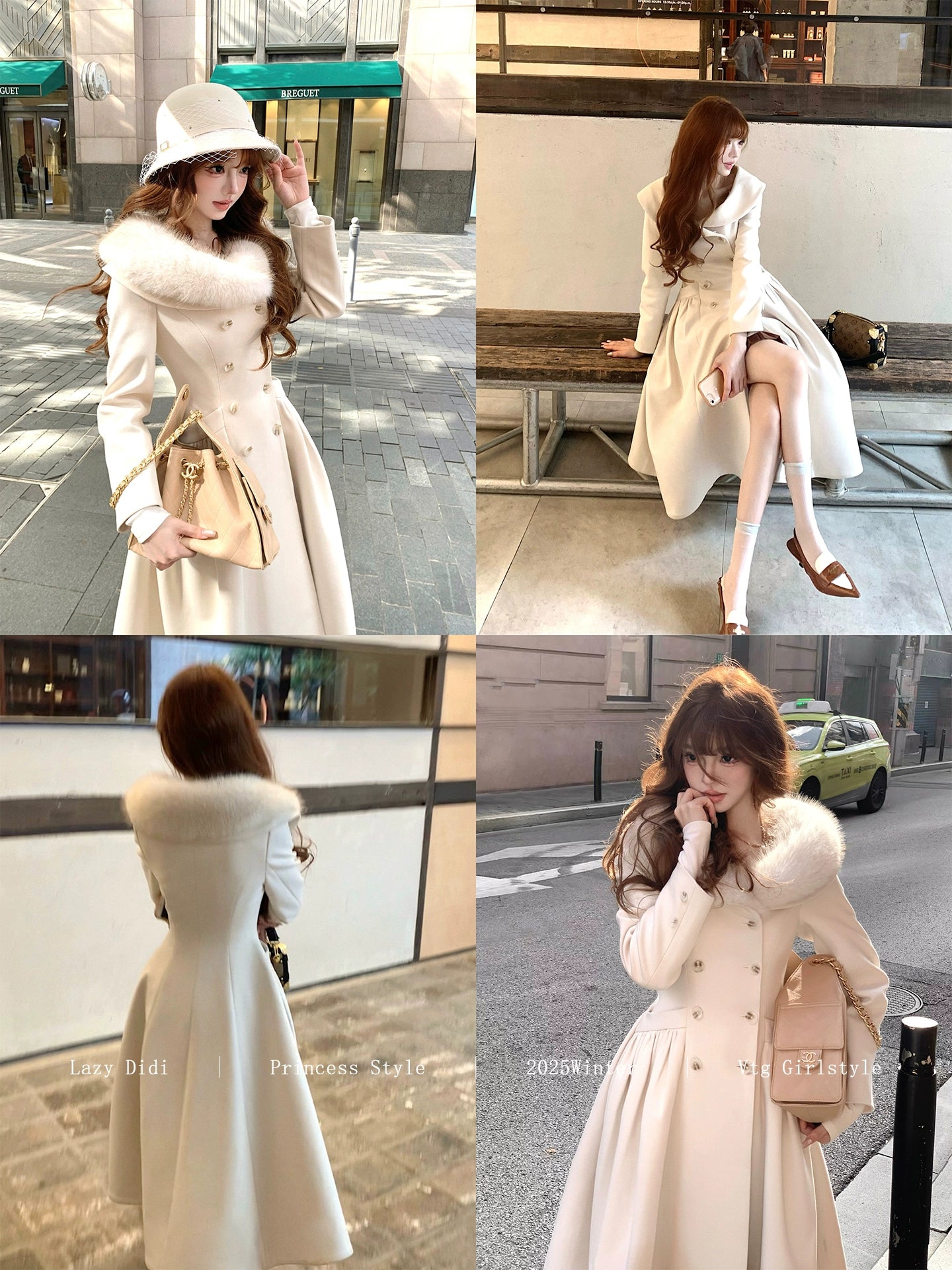Beige Faux Fur Collar Flared Maxi Princess Coat