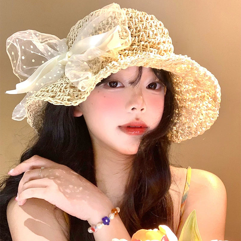 Bow lace straw hat