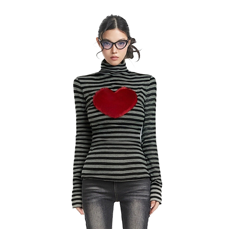 High neck polka dot heart-shaped long sleeved Top