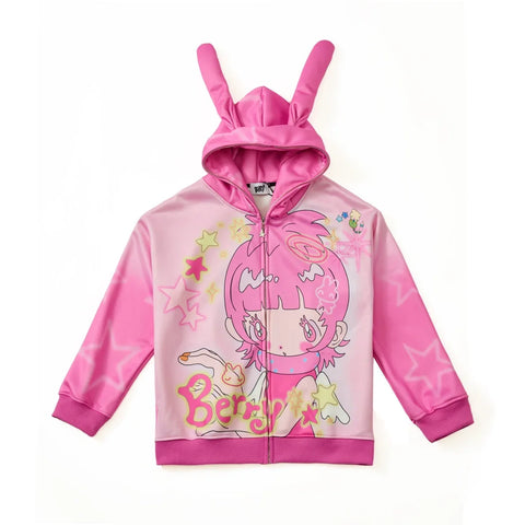 Pink girl rabbit ear velvet coat