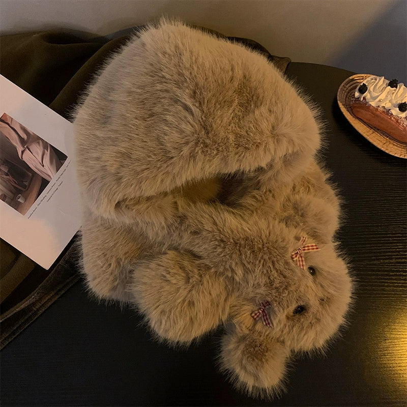 Cute bow dog plush hat scarf in one