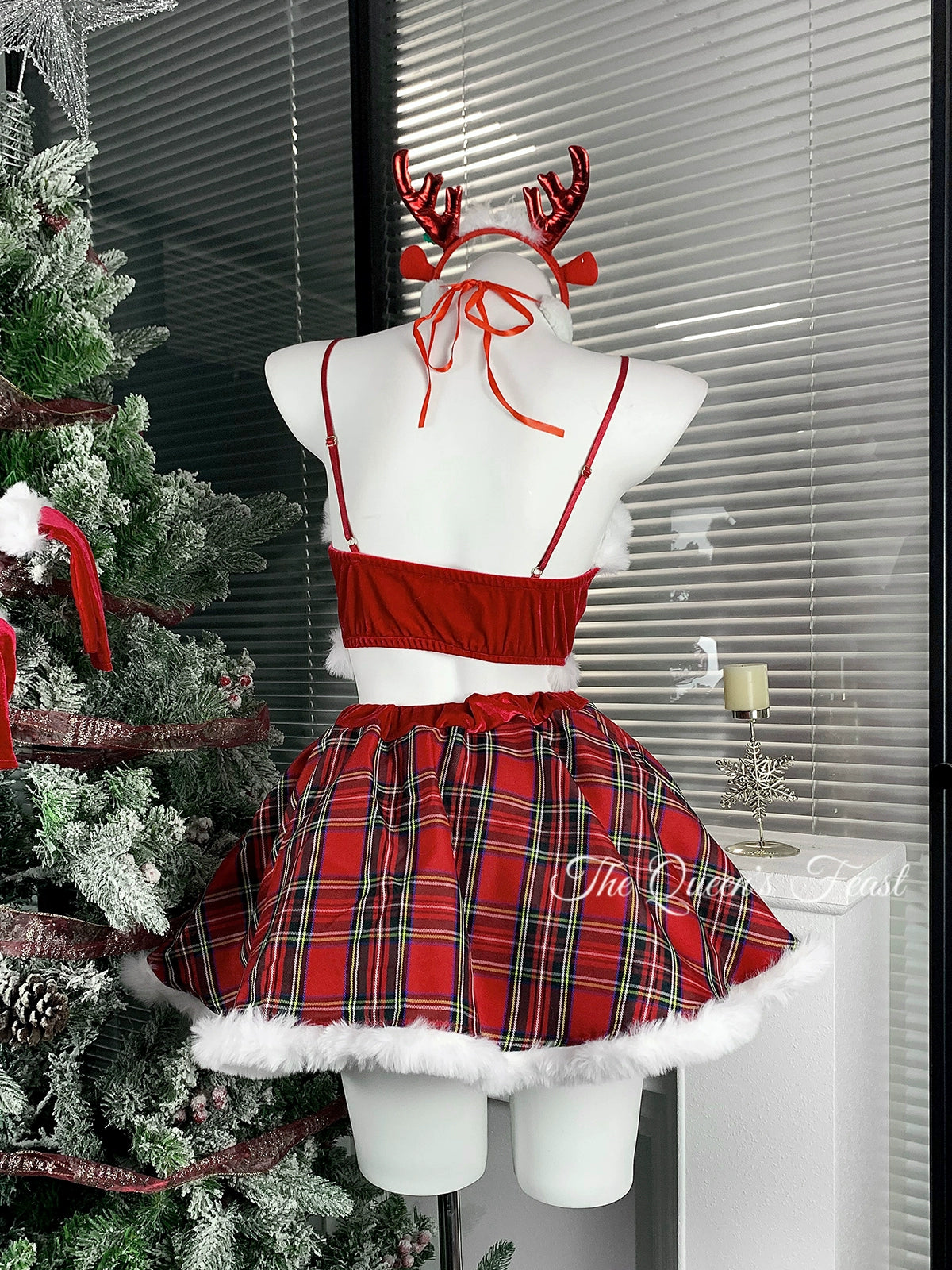Snow Mountain Deer | Christmas Dress Checkered Velvet Set