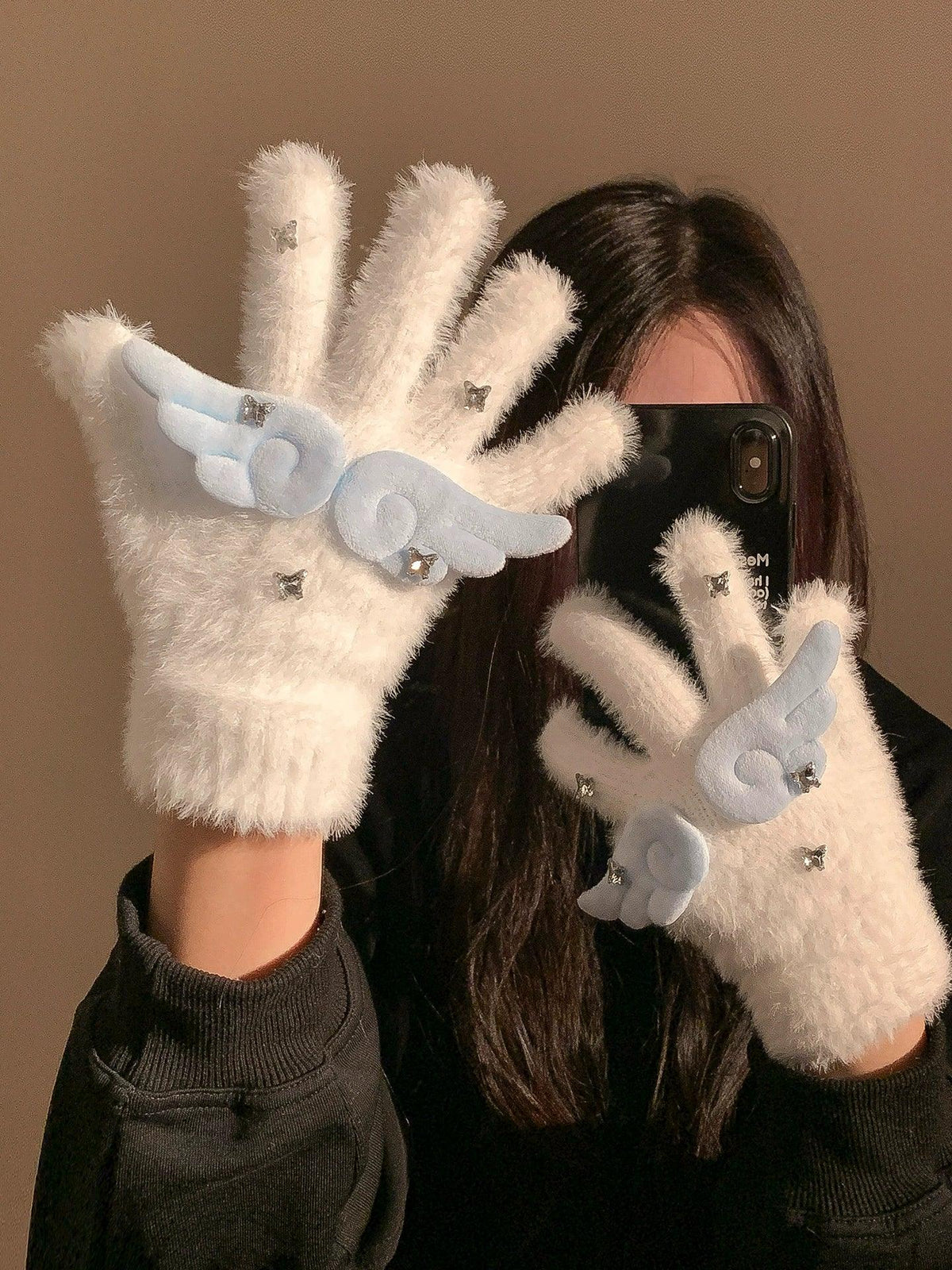 Cute sparkling diamond angel wings plush knitted gloves