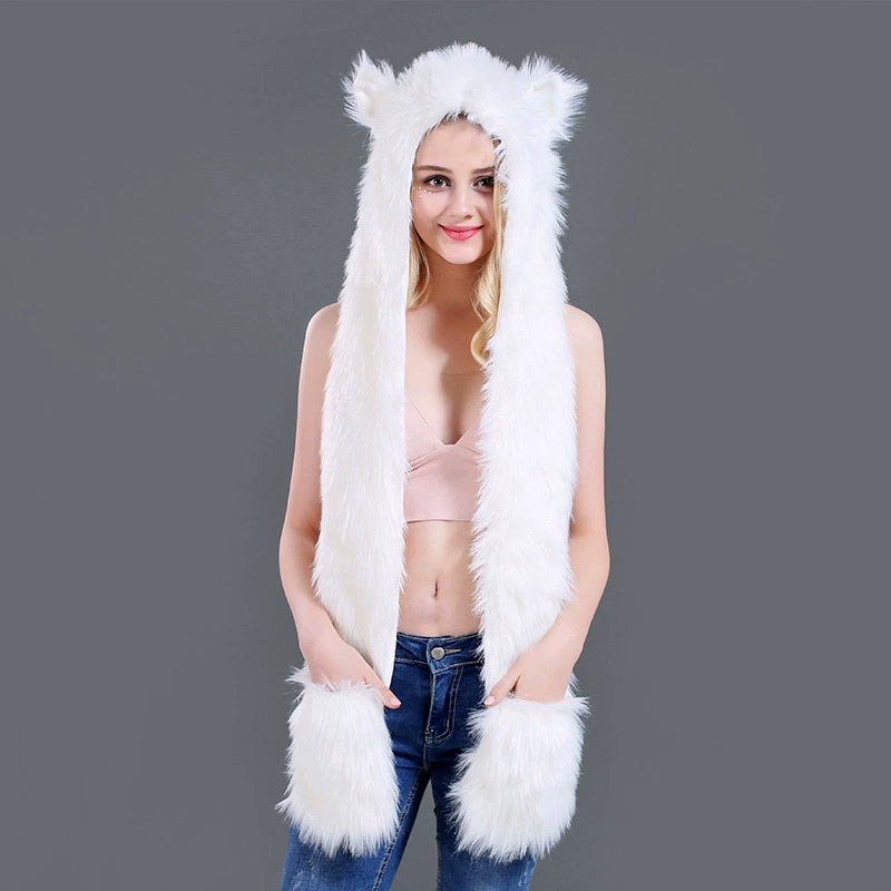 Plush hat faux fur scarf, gloves in one