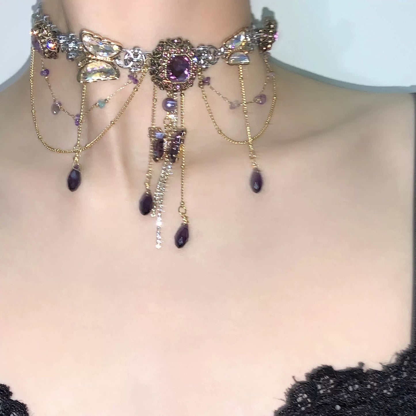 Tea Break Ball "Amethyst Retro Butterfly Tassel Titanium Steel Necklace Choker