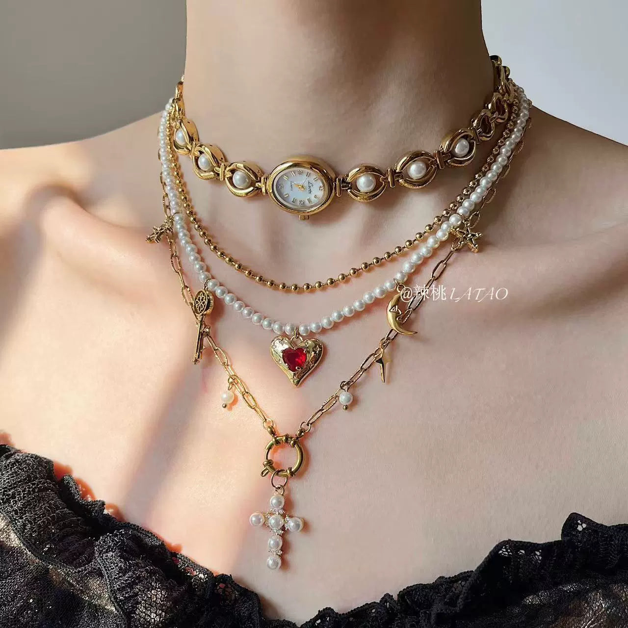 Diana Pearl Love Gold Clock Cross Necklace choker