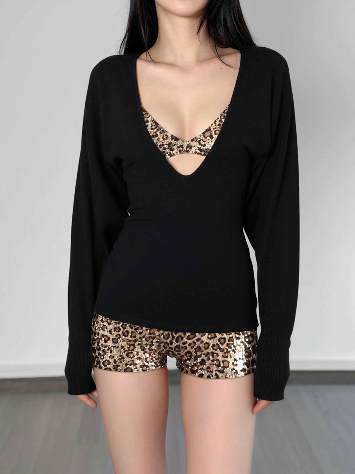 Color blocking casual suit women's leopard print sequined bikini two-piece set+V-neck T-shirt