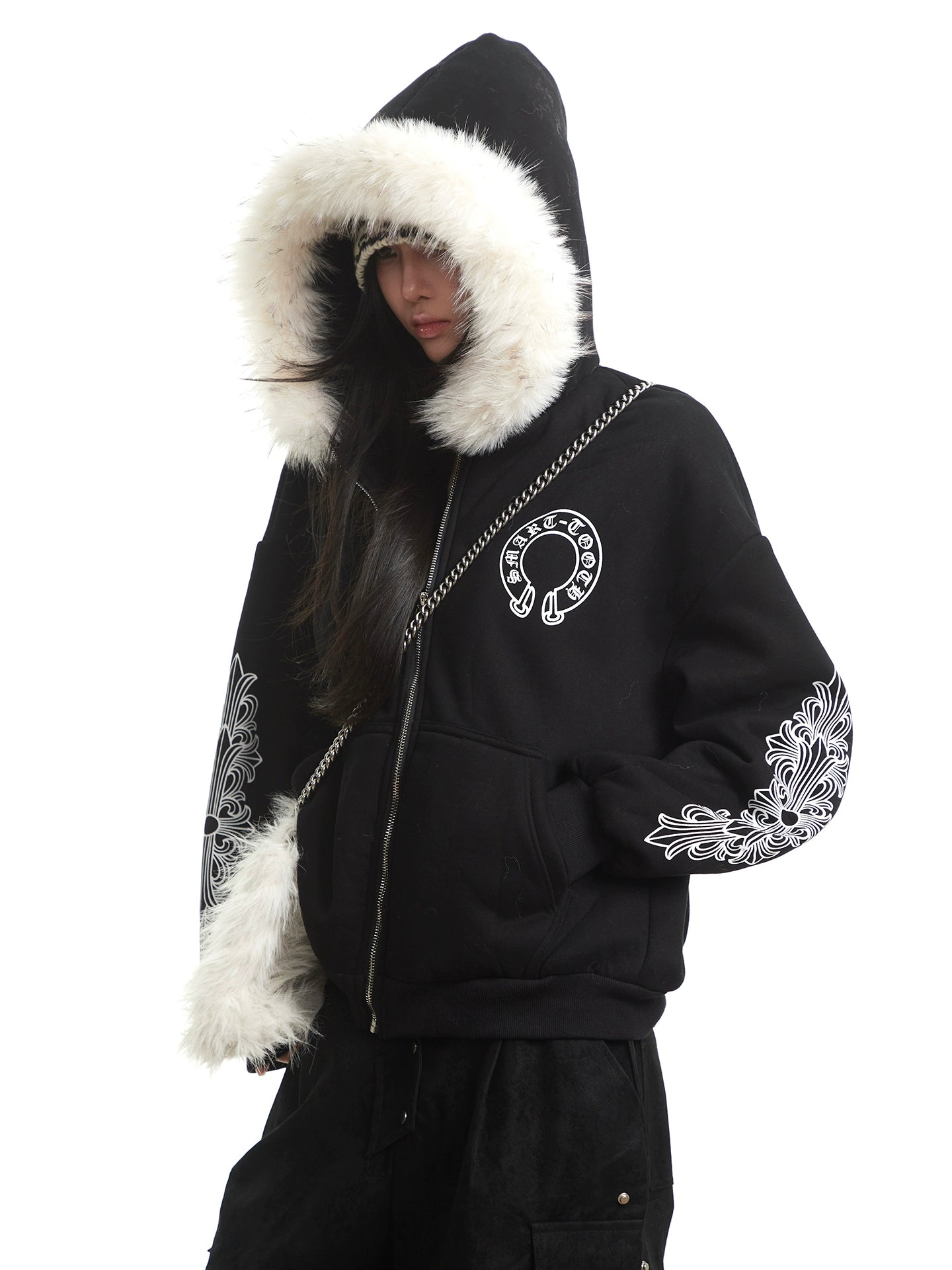 Black Gothic printed fur collar hooded sweatshirt