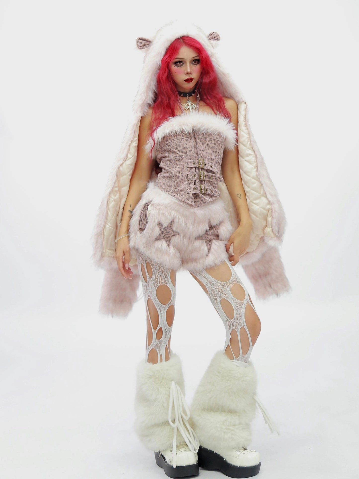 Cat ear hooded cotton jacket cami shorts set