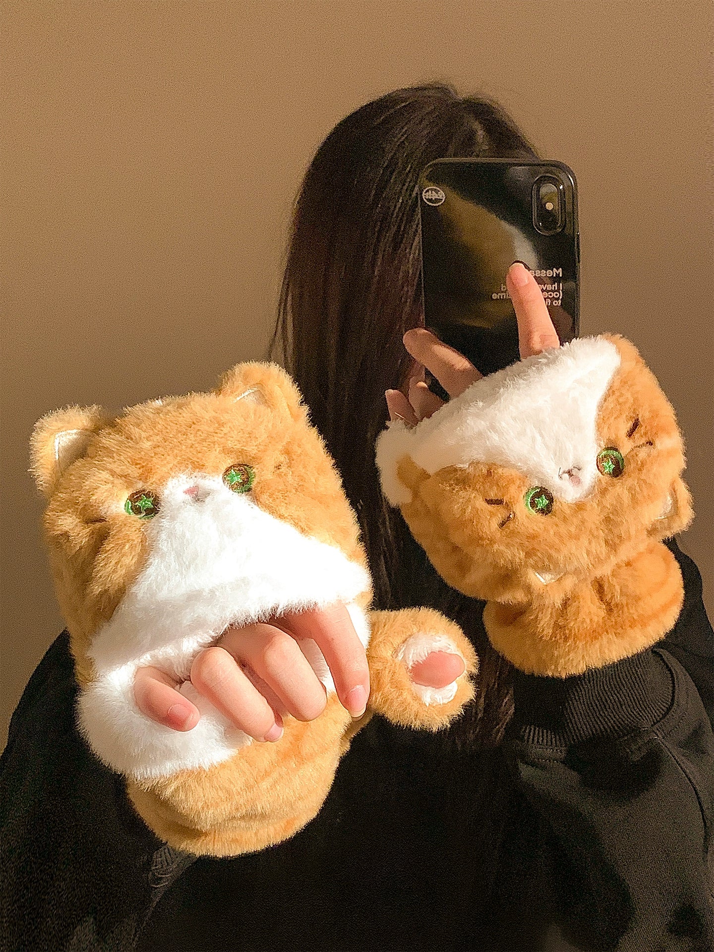 Lanhua Cat Flip up Half Finger Plush Gloves