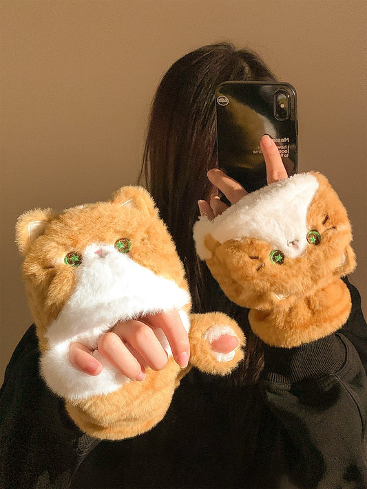Lanhua Cat Flip up Half Finger Plush Gloves