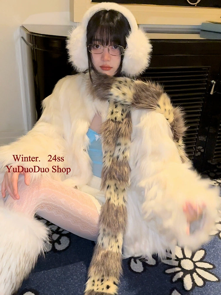 Splicing faux fur leopard print long thin scarf