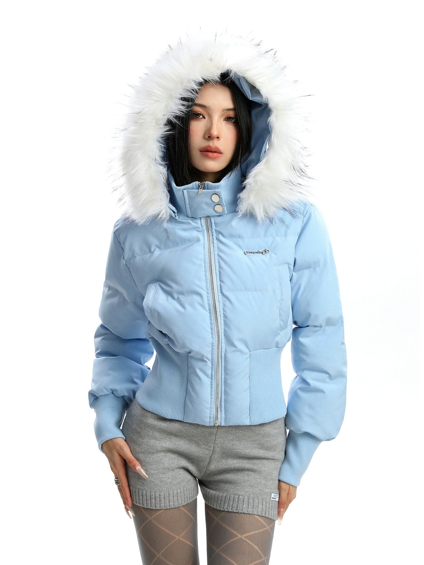 Detachable fur collar hooded short cotton padded coat