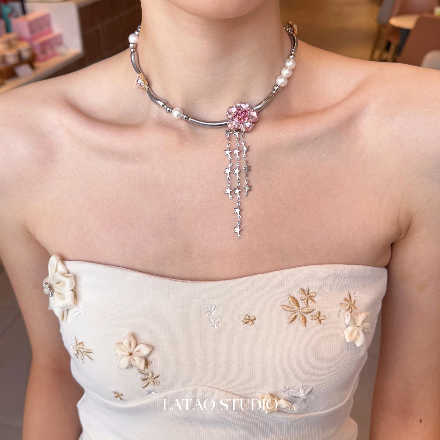 Barbie Jenny Pink Diamond Flower Pearl Tassel Titanium Steel Necklace