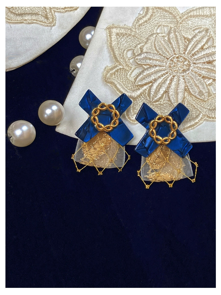 Gemstone Kiss xoxo "Pearl Blue Silk Gold Leaf Embroidered Ribbon Bow Earrings Classical and Gorgeous