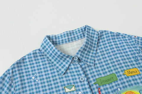 Octopus grass blue plaid short-sleeved shirt
