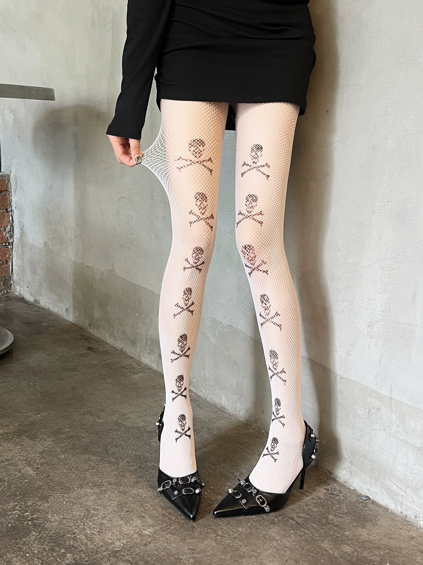 Skeleton print ultra-thin punk pantyhose with hollowed out design