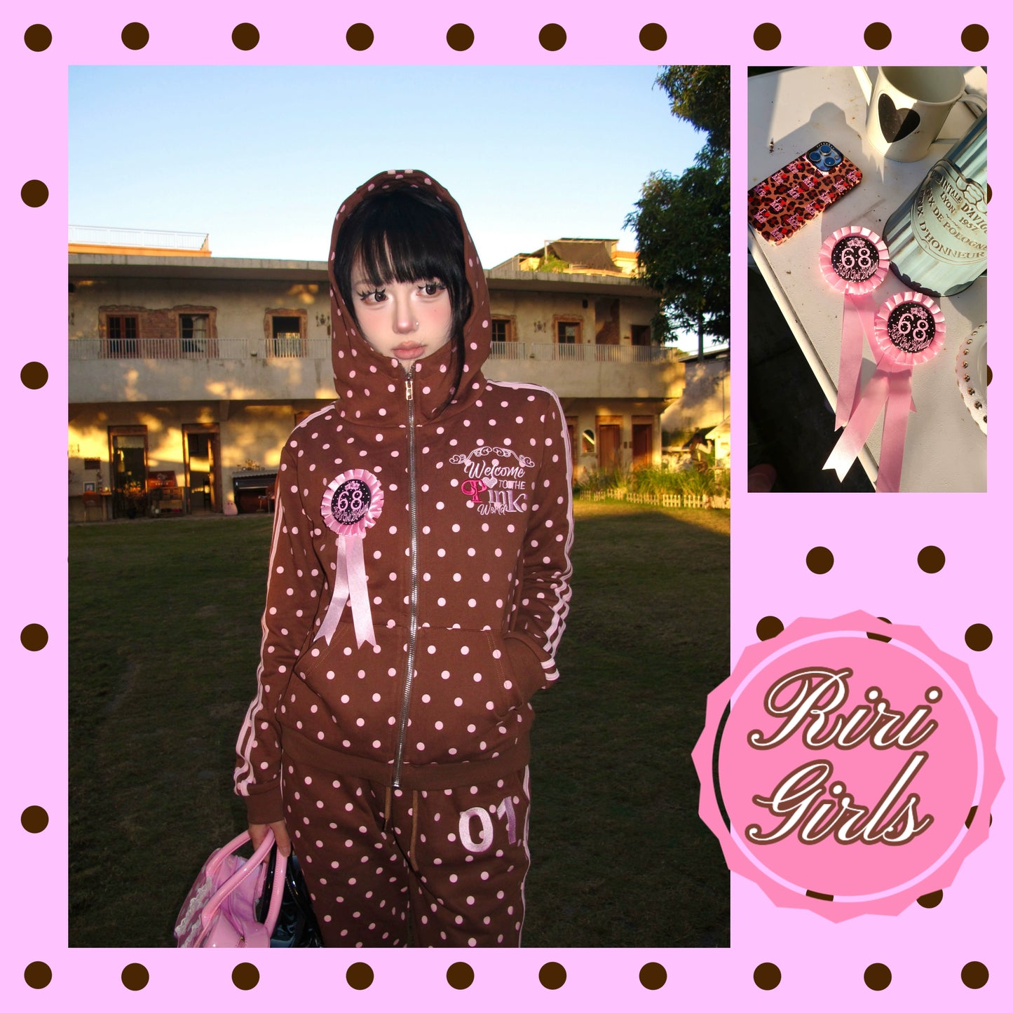 Pink polka dot Y2K brown sports set