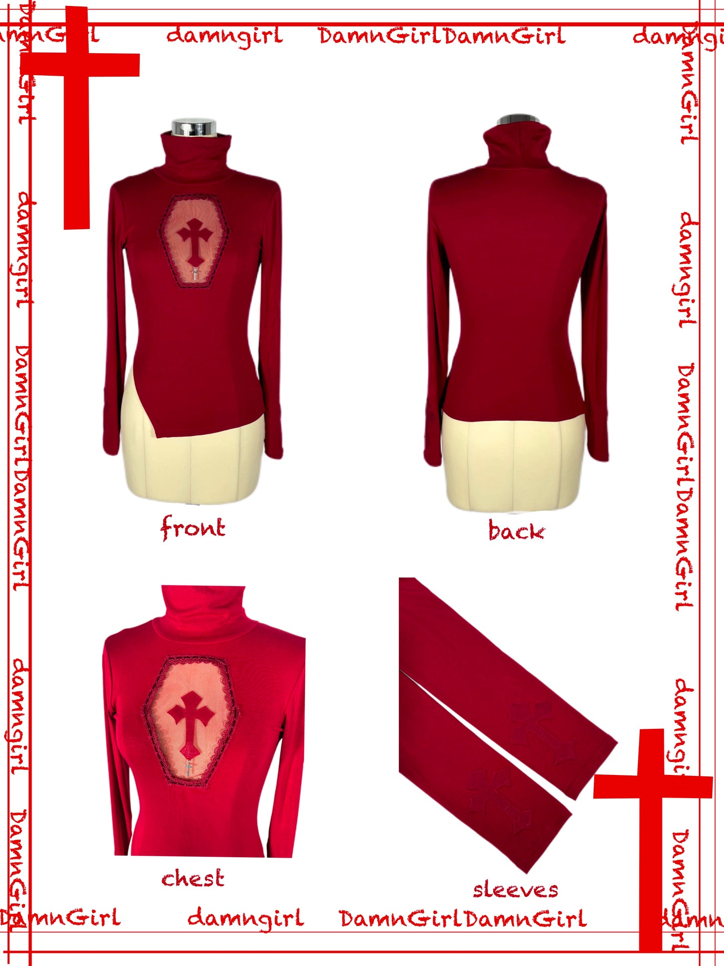 Blood stained cross wine red Gothic cross hollow top