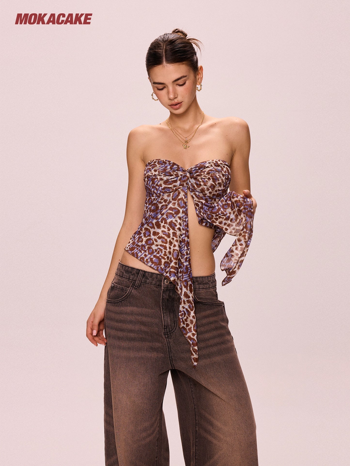 Leopard print irregular strapless