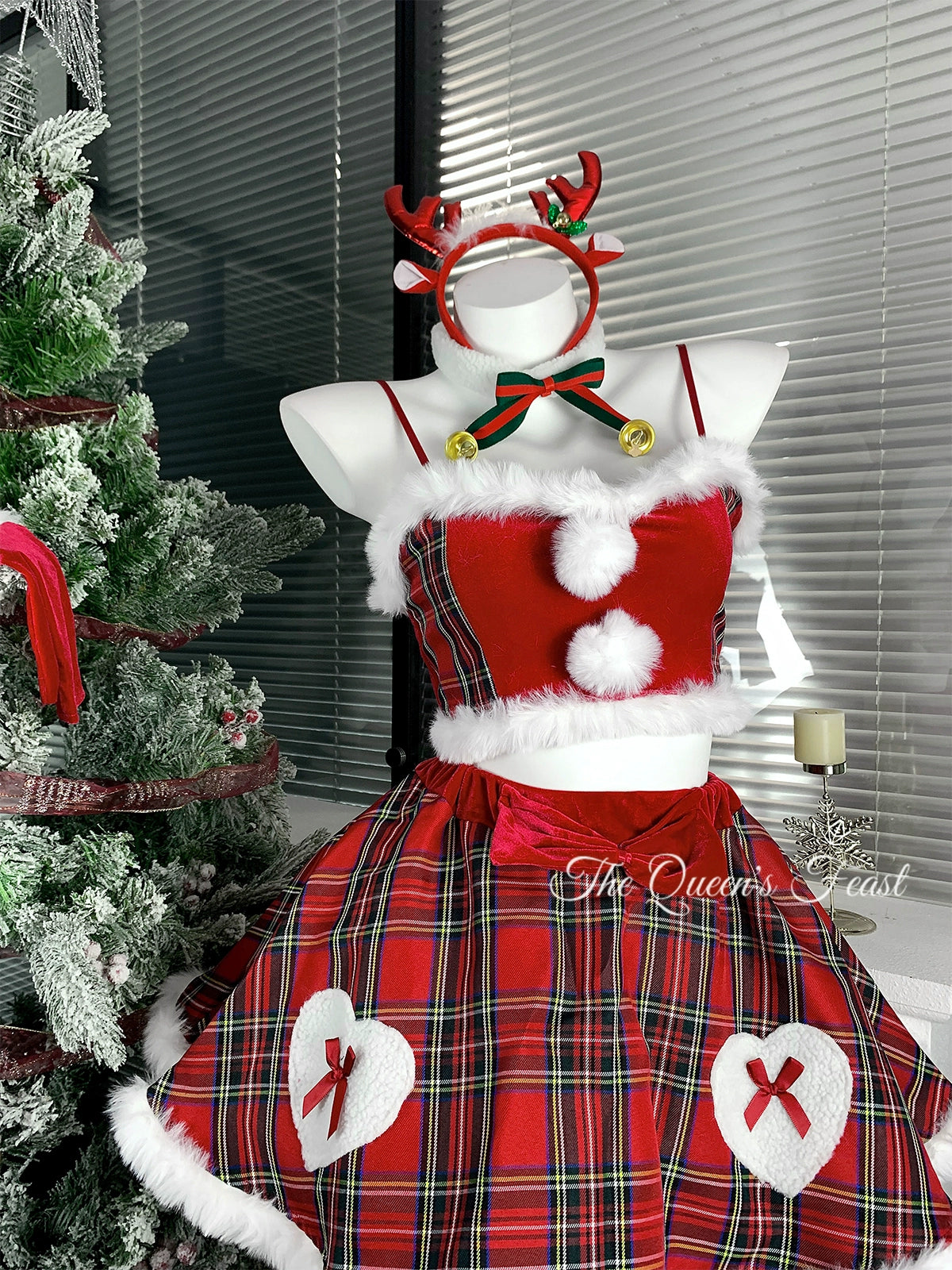 Snow Mountain Deer | Christmas Dress Checkered Velvet Set
