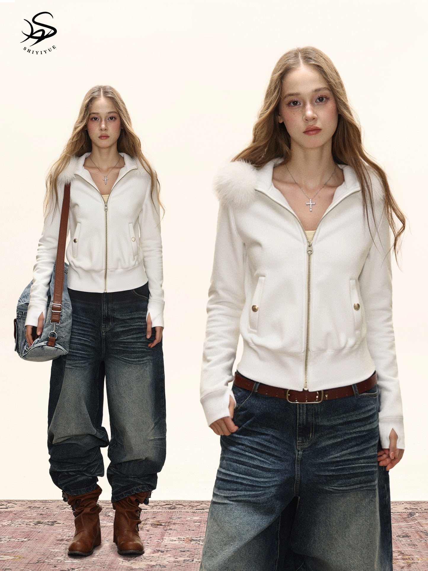 fluffy collar short hooded sweatshirt