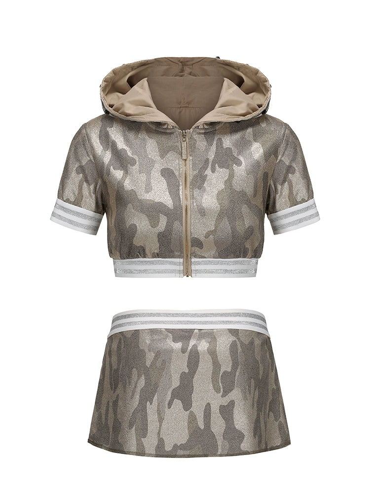 Metal Heavy Industry Camouflage Short Coat Short Skirt Set