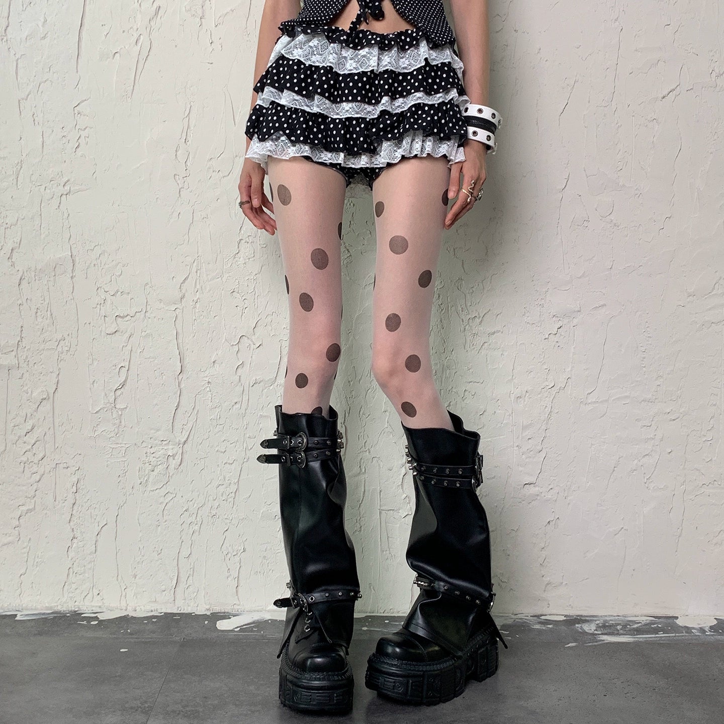 White background large polka dot stockings