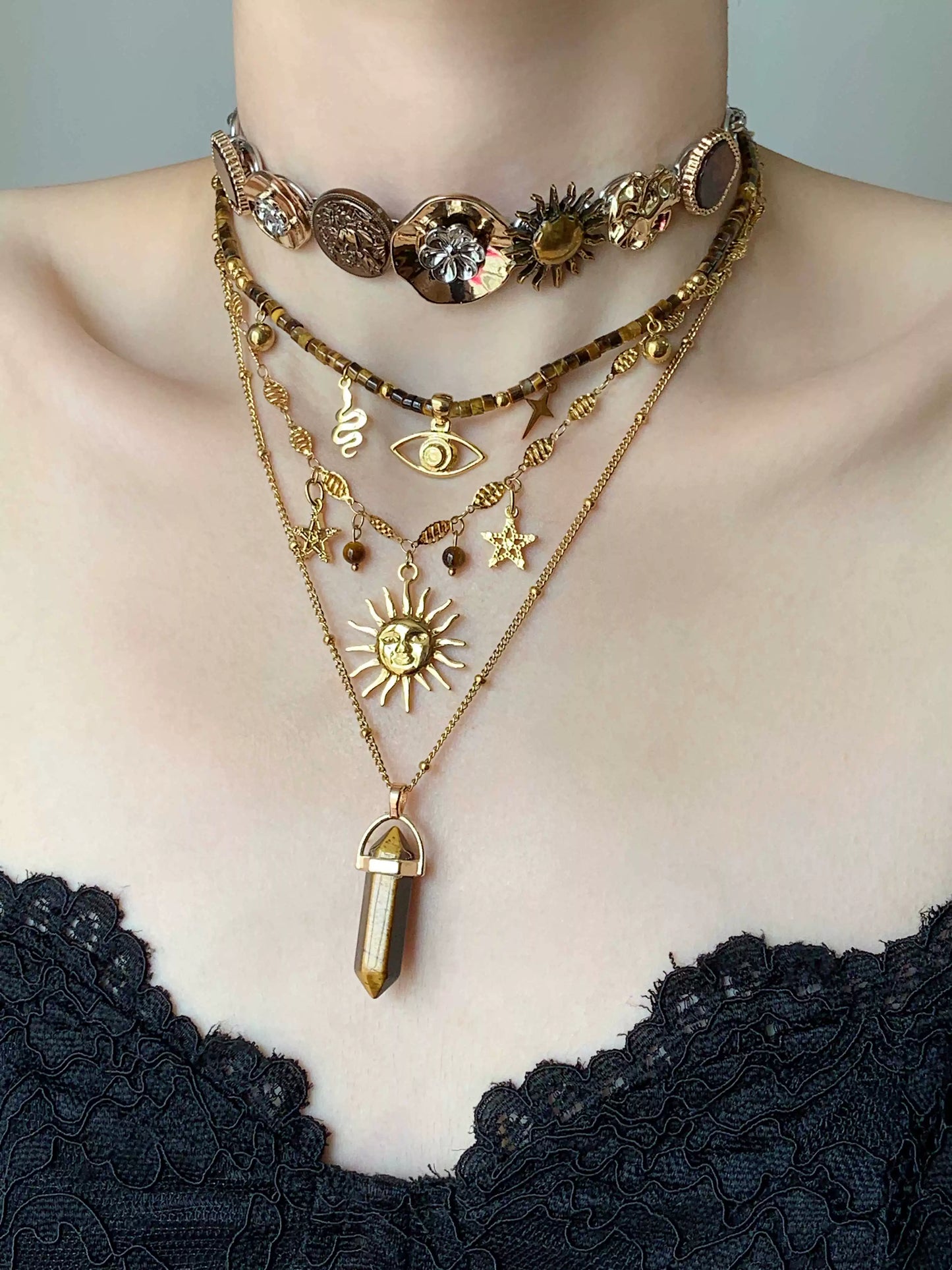 Prometheus Retro Tiger Eye Brown Starry Sun Multi Layer Stacked Necklace
