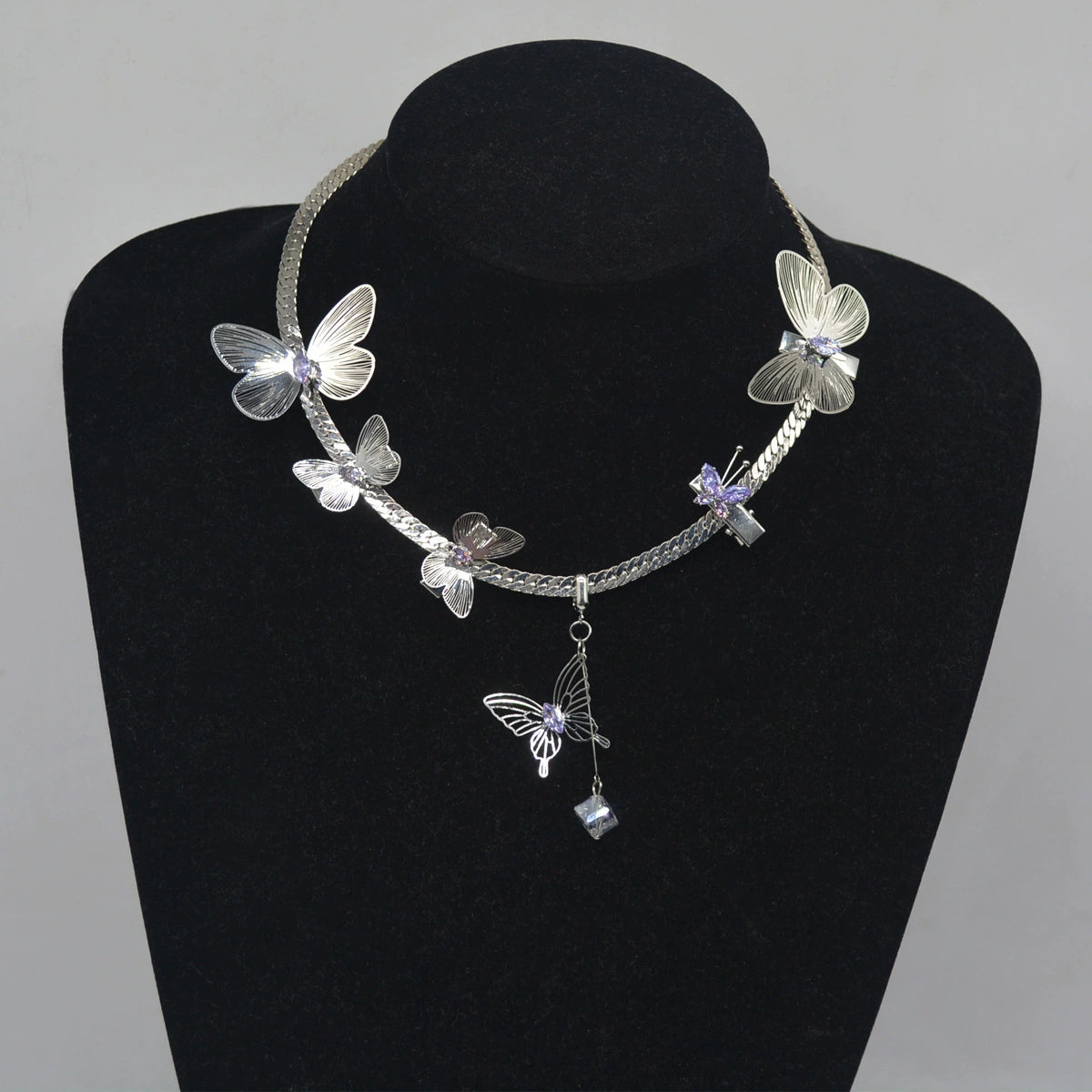 Exquisite Purple Diamond Hollow Cross Butterfly Necklace Ring