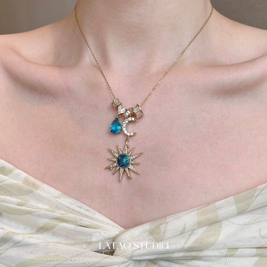 Sora Blue Sun Moon Zircon Necklace