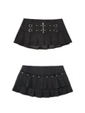 Rivet-embellished zip-pleated black mini skirt