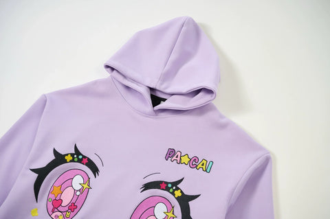 purple comic embroidery emoji sweater