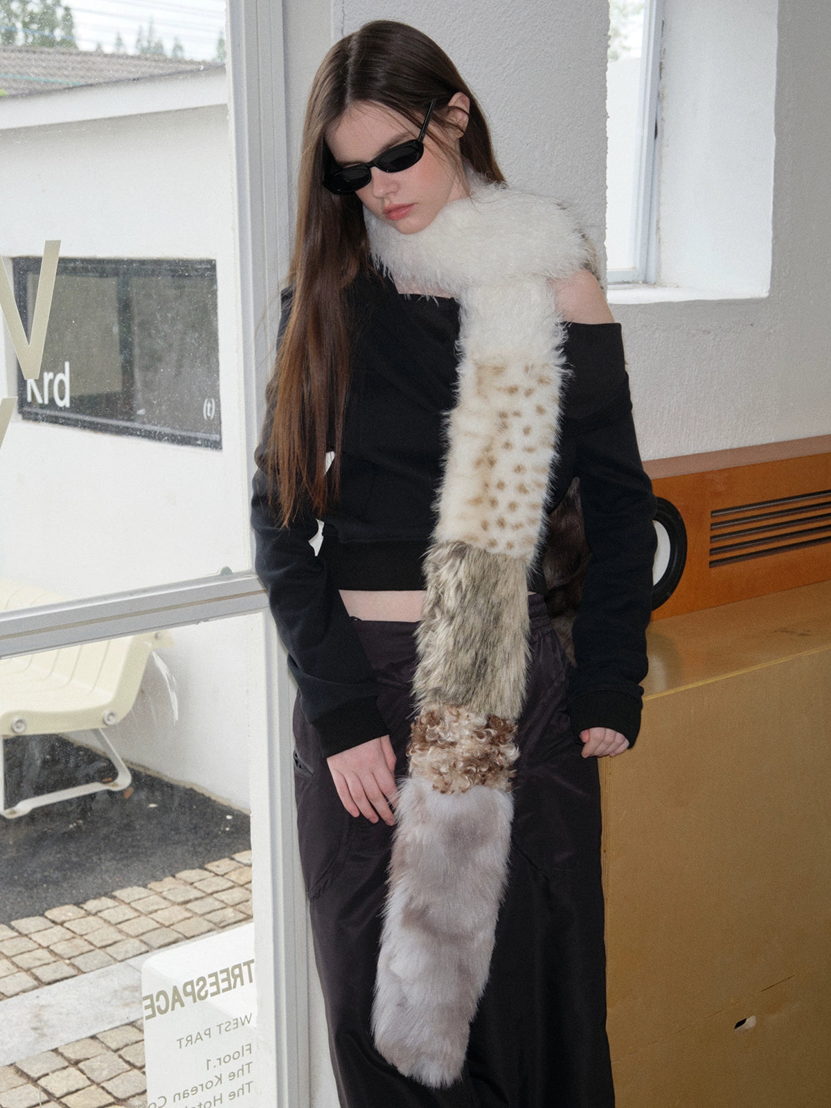 Imitation fur patchwork scarf leopard print