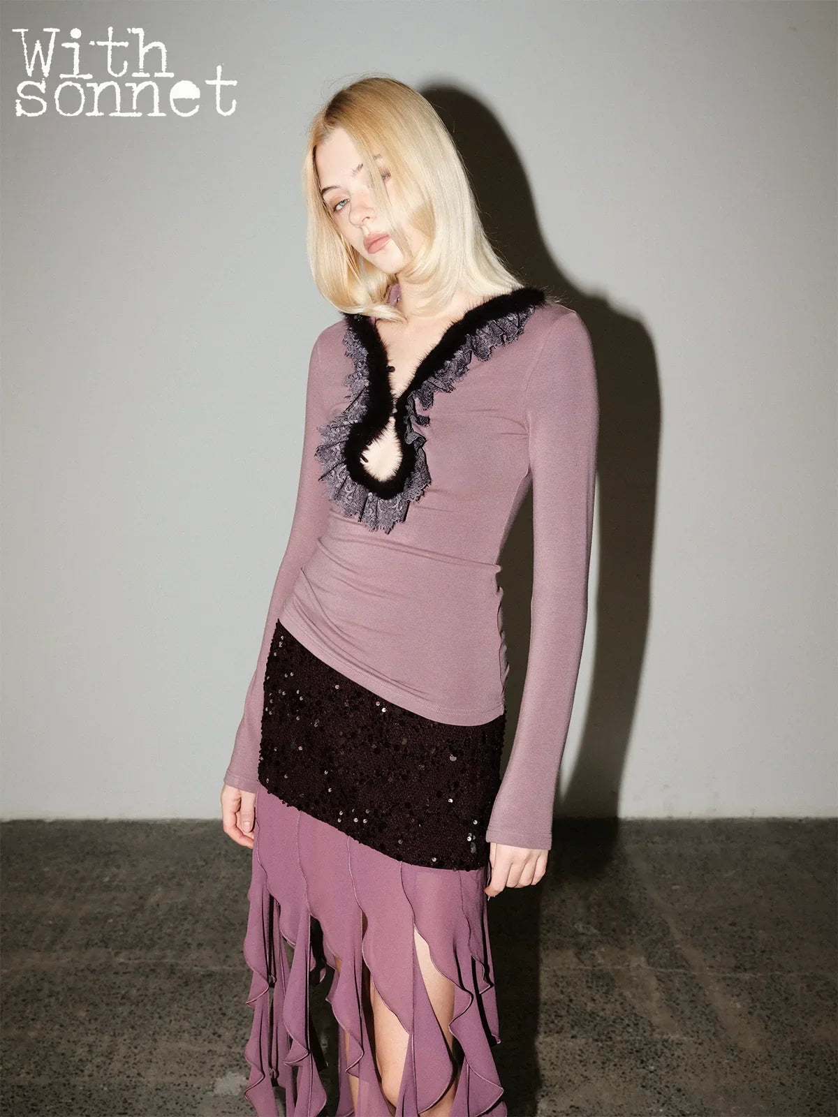 Purple panelled lace top