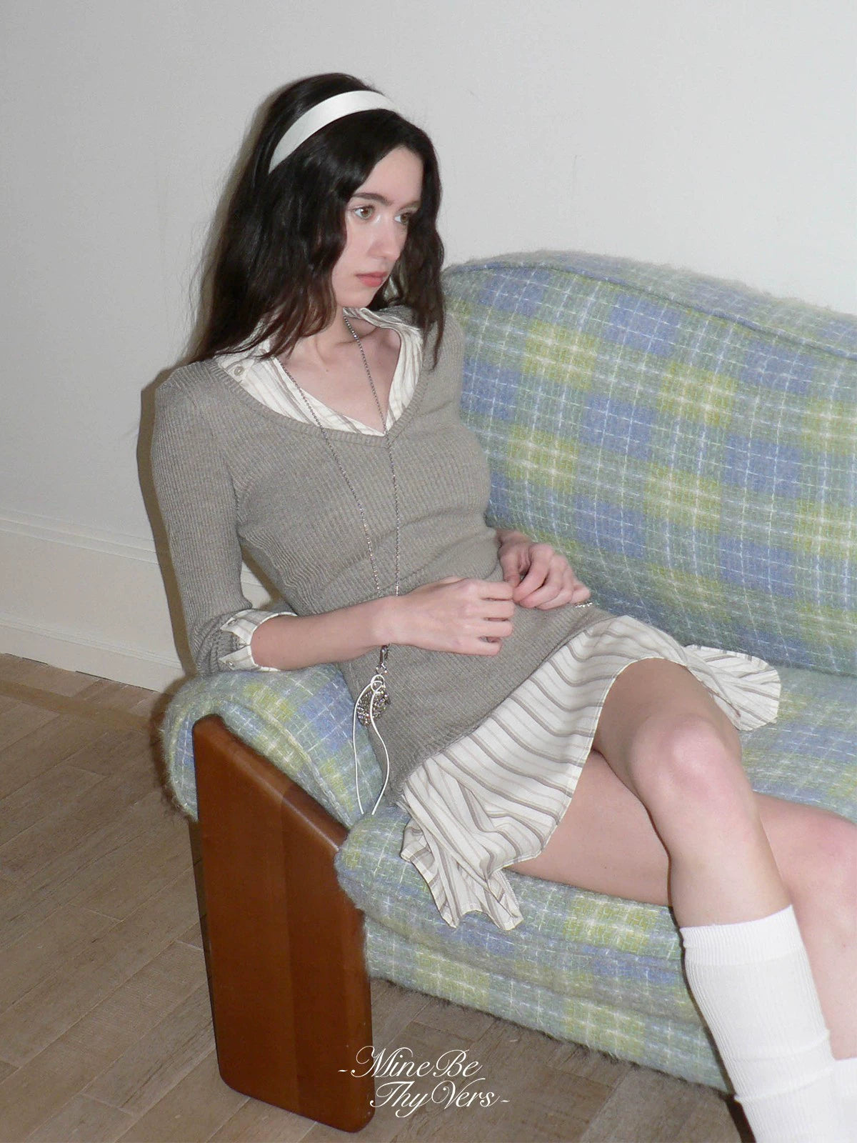 Striped V-neck turned up dress