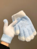 Blue rhinestone snowflake plush knitted gloves