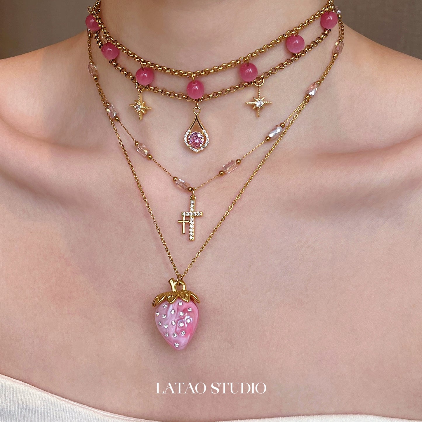 Pink Cat Eye Cross Strawberry Titanium Steel Necklace