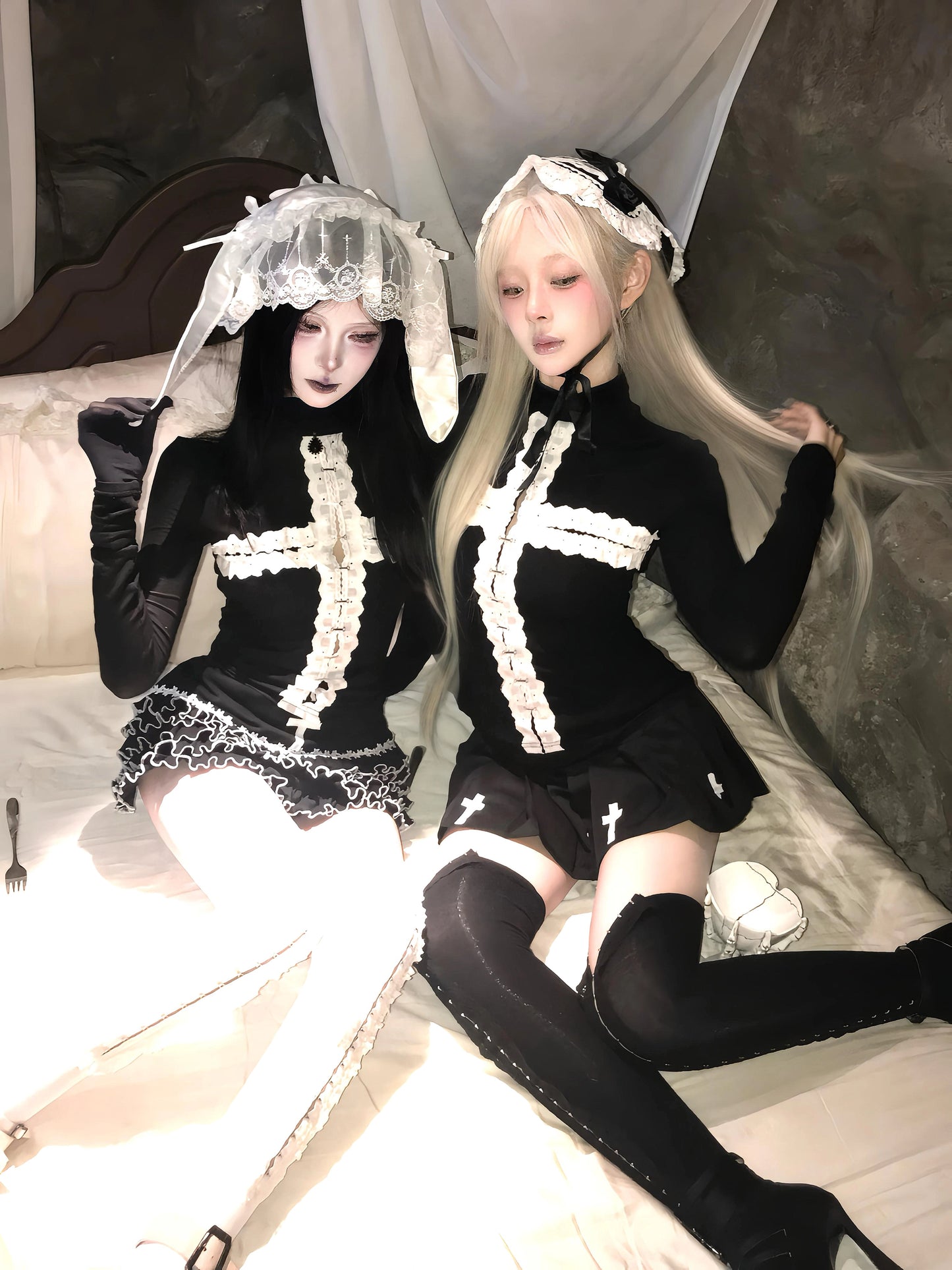 Gothic lace patchwork cross long sleeved shirt