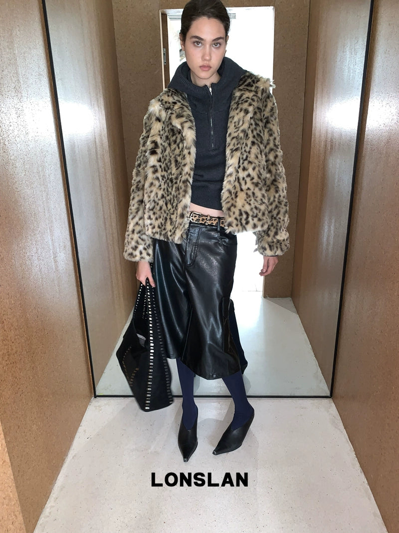 Flip collar buckle leopard print fur coat